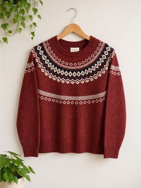 Weatherproof Vintage Chili Red Fair Isle Sweater Womens L Cozy Nordic Knit Cabin